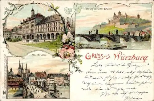 Litho Würzburg Unterfranken, Alte Brücke, Festung, Julius-Spital