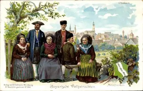 Litho Uffenheim in Mittelfranken, Bayerische Volkstrachten, Mittelfranken