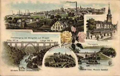 Litho Müngsten an der Wupper Wuppertal, Talübergang, Schlossburg, Talsperre, Marktplatz