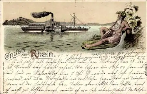 Litho Gruß vom Rhein, Vater Rhein, Salondampfer in Fahrt