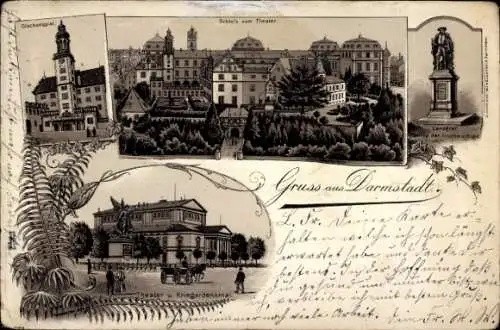 Litho Darmstadt in Hessen, Schloss, Theater, Kriegerdenkmal