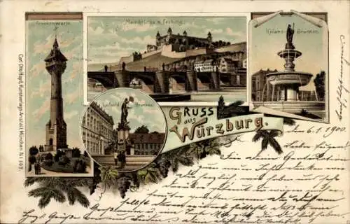 Litho Würzburg am Main Unterfranken, Mainbrücke, Festung Marienberg, Kiliansbrunnen, Frankenwarte