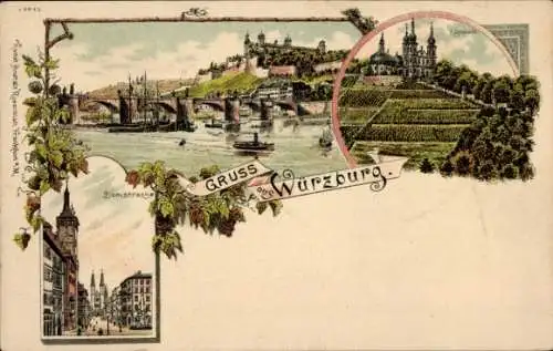 Litho Würzburg am Main Unterfranken, Käppele, Blick auf den Ort, Domstraße