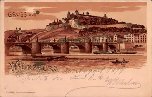 Mondschein Litho Würzburg am Main Unterfranken, Gesamtansicht