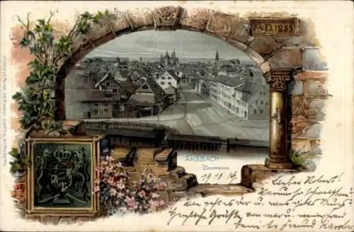 Präge Passepartout Wappen Litho Ansbach in Mittelfranken Bayern, Gesamtansicht, Jahr 1855