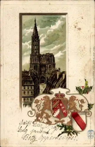 Präge Wappen Passepartout Litho Strasbourg Straßburg Elsass Bas Rhin, Münster