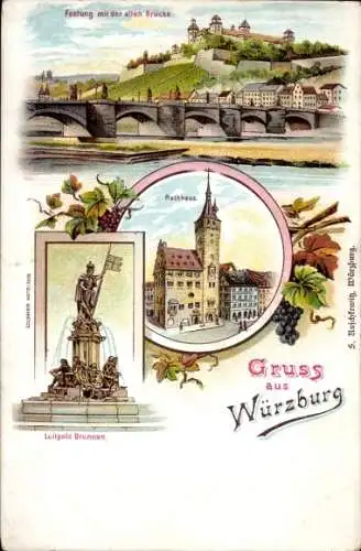 Litho Würzburg am Main Unterfranken, Luitpold-Brunnen, Rathaus, Festung, Alte Brücke