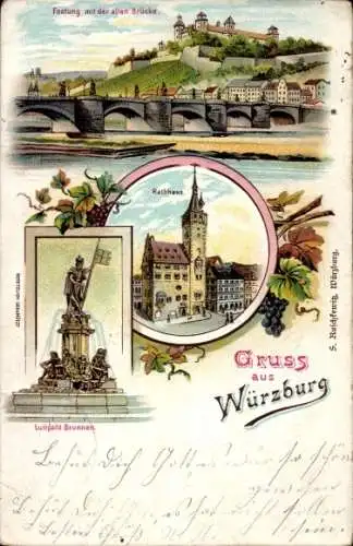 Litho Würzburg am Main Unterfranken, Luitpold-Brunnen, Rathaus, Festung, Alte Brücke