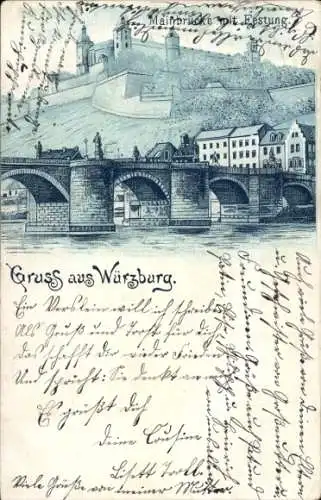 Litho Würzburg am Main Unterfranken, Mainbrücke, Festung