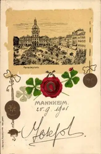 Litho Mannheim in Baden, Paradeplatz, Glücksklee