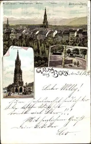 Litho Bern Stadt Schweiz, Bärengraben, Kathedrale, Panorama