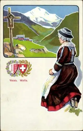 Wappen Ak Kanton Wallis, Frau in schweizerischen Trachten, Gebet, Kreuz, Gebirge