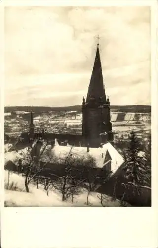 Ak Marburg an der Lahn, Lutherische Kirche, Winter, Blick vom Schloss