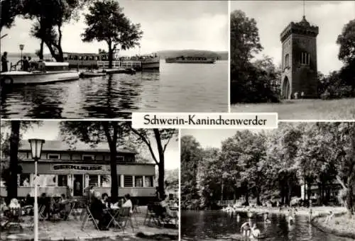 Ak Schwerin in Mecklenburg, Insel Kaninchenwerder, Anlegestelle Weiße Flotte, Gaststätte Seeklause