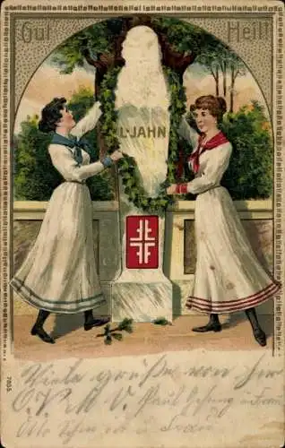 Präge Litho Frauen schmücken Jahns Denkmal, Turnerkreuz, BB&OL