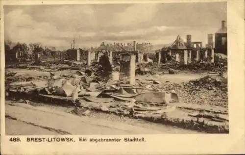 Ak Brest Litowsk Weißrussland, abgebrannter Stadtteil, Kriegszerstörung I. WK