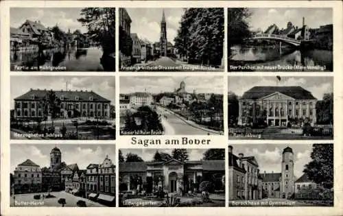 Ak Żagań Sagan Schlesien, Mühlgraben, Schloss, Rochusburg, Ludwigsgarten, Buttermarkt