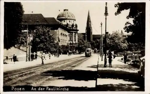 Ak Poznań Posen, Paulikirche, Straßenbahn