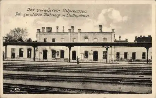 Ak Nesterow Stallupönen Ostpreußen, Bahnhof Gleisseite, Kriegszerstörung I. WK