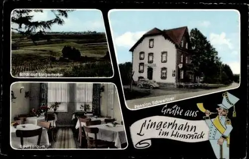 Ak Lingerhahn im Hunsrück, Pension Schweitzer, Speiseraum, Panorama