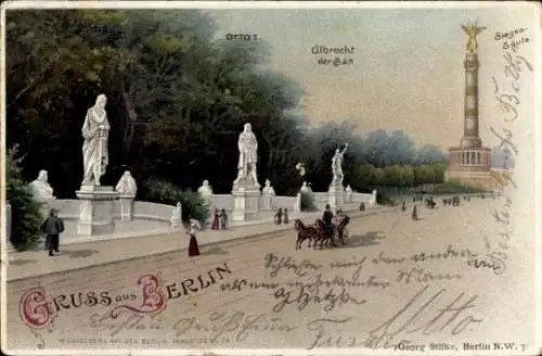 Litho Berlin Tiergarten,  Denkmal Otto I., Albrecht der Bär, Siegessäule