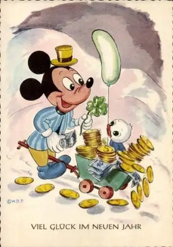 Ak Walt Disney, Micky Maus, Fröhliches Neujahr, Schubkarre mit Geld, Münzen