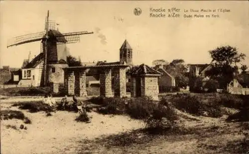 Ak Knocke sur Mer Westflandern, Die alte Mühle und die Kirche