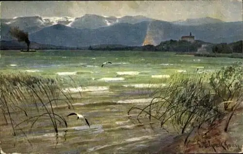 Künstler Ak Dießen am Ammersee Oberbayern, Westufer, Gebirge