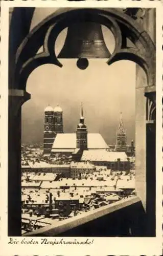 Ak München, Teilansicht, Winteransicht, Kirche, Blick auf Glockenturm, Glocke