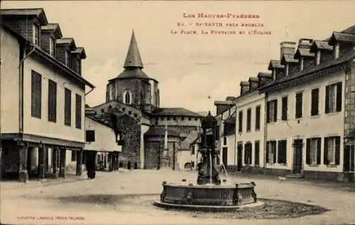 Ak Saint Savin Hautes-Pyrénées, Place, Fontaine, Eglise