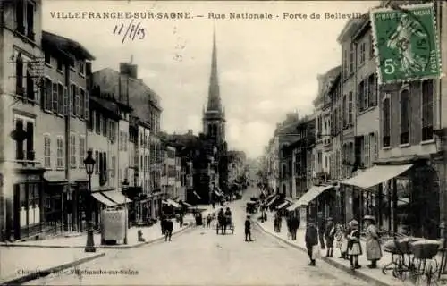 Ak Villefranche sur Saône Rhône, Rue Nationale, Porte de Belleville