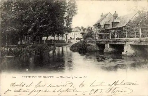 Ak Martin Eglise Seine Maritime, Brücke, Bach, Häuser