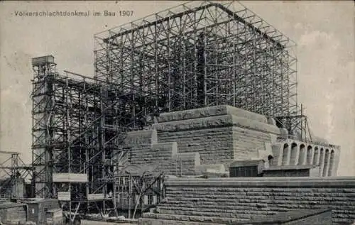 Ak Leipzig, Völkerschlachtdenkmal im Bau, Gerüste