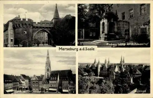 Ak Merseburg an der Saale, Krummes Tor, Rabenkäfig im Schlosshof, Marktplatz, Schloss