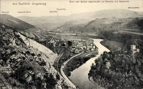 Ak Obernitz Saalfeld a. d. Saale Thüringen, Blick vom Bohlen saalaufwärts auf Obernitz und Reschwitz