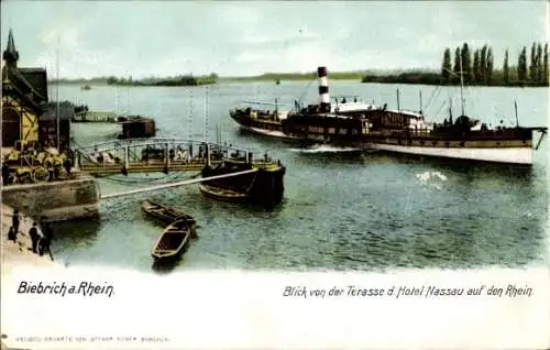 Ak Biebrich am Rhein Wiesbaden, Dampferanlegestelle von der Terrasse des Hotel Nassau