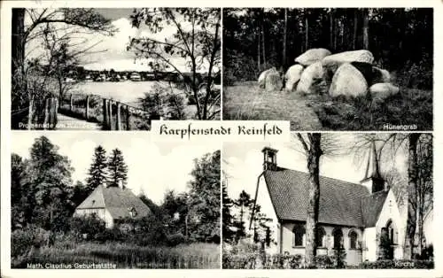 Ak Reinfeld in Holstein, Promenade am Weinberg, Hünengrab, Math. Claudius Geburtstätte, Kirche