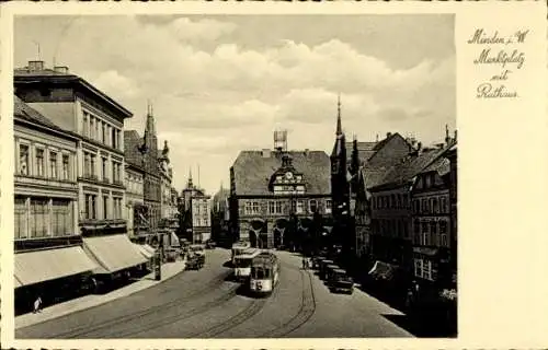 Ak Minden in Westfalen, Marktplatz, Rathaus, Straßenbahnen