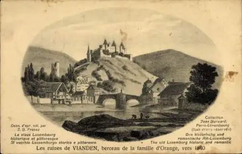 Ak Vianden Luxemburg, Altstadt um 1840, Schloss