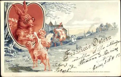 Litho Glückwunsch Ostern, Osterhase, Engel auf Lamm reitend