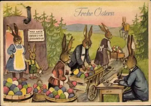 Ak Glückwunsch Ostern, Osterhasen, Ostereier-Verteilung