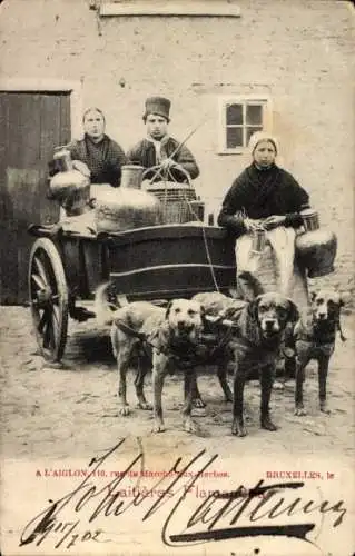 Ak Flämische Milchfrauen, Hundekarren, Windmühle