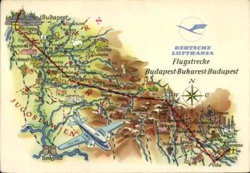 Landkarten Ak Budapest Ungarn, Deutsche Lufthansa, Flugstrecke Budapest Bukarest, Beograd, Sinaia