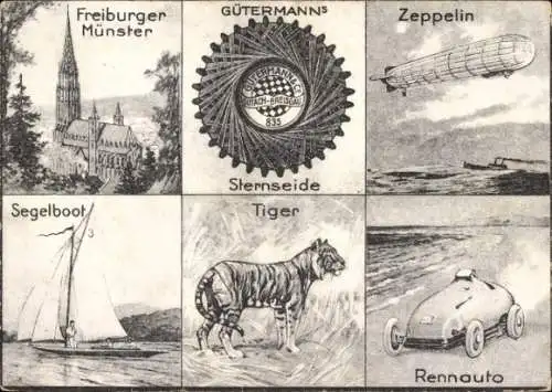 Künstler Ak Gütermann's Sternseide, Tiger, Zeppelin, Rennauto, Freiburger Münster, Segelboot