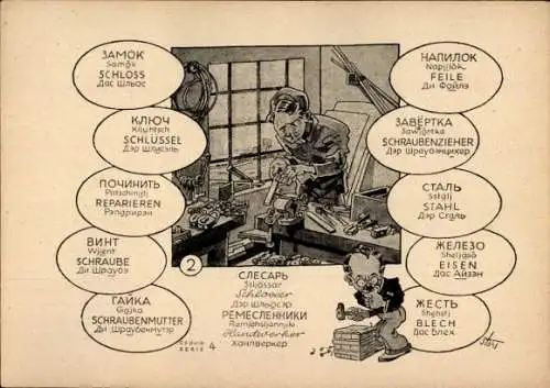 Künstler Ak Stohl, Sprachenpostkarte, Russisch, Deutsch, Handwerker, Werkzeuge