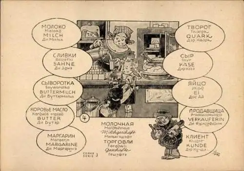 Künstler Ak Stohl, Sprachenpostkarte, Russisch, Deutsch, Kinder, Frau mit Milchkanne