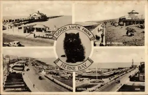 Ak Herne Bay Kent England, New Pier, Kings Hall und Promenade, schwarze Katze