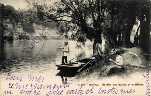 Ak Genève Genf Stadt, Sentier des Saules et le Rhône, Flussufer, Angler