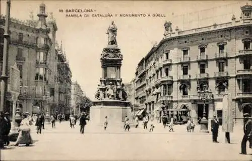 Ak Barcelona Katalonien Spanien, Rambla de Catalunya und Güell-Denkmal