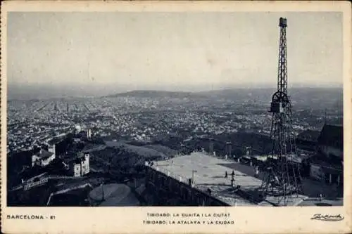 Ak Barcelona Katalonien Spanien, Tibidabo, der Wachtturm und die Stadt